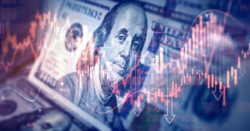 Stock market trading graph american dollar is damage.Effect of recession US economy. Crisis in USA, rising inflation, devaluation of dollars and the economy.