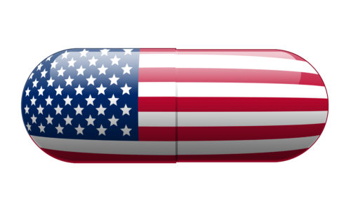 Pill wrapped in a US Flag, illustration